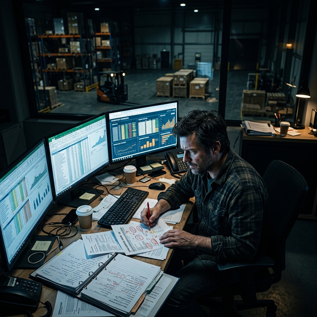 Supply chain manager overwhelmed at a dark desk with spreadsheets